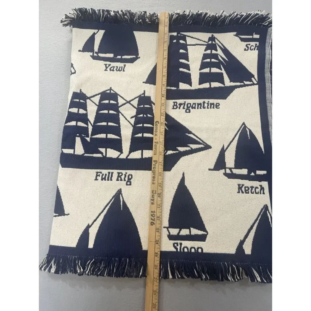 Nautical Sailboat Woven Throw Blanket Navy Blue Maritime Sailing Fringe Tapestry